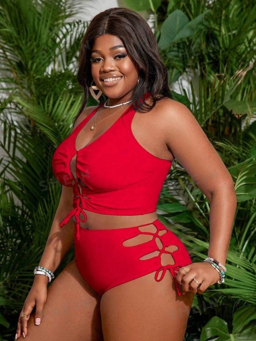 L-2X ADJUSTABLE And SUPPORTIVE Red Tie-Front High-Waist Women’s Swim Set (RED)
